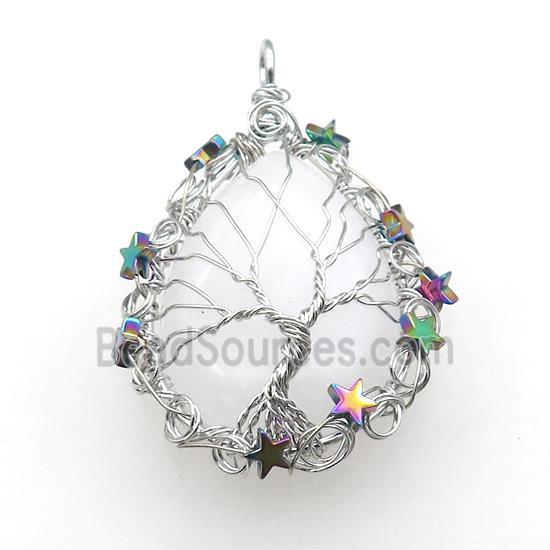 Natural Clear Quartz Teardrop Pendant With Tree Of Life Wire Wrapped Platinum Plated