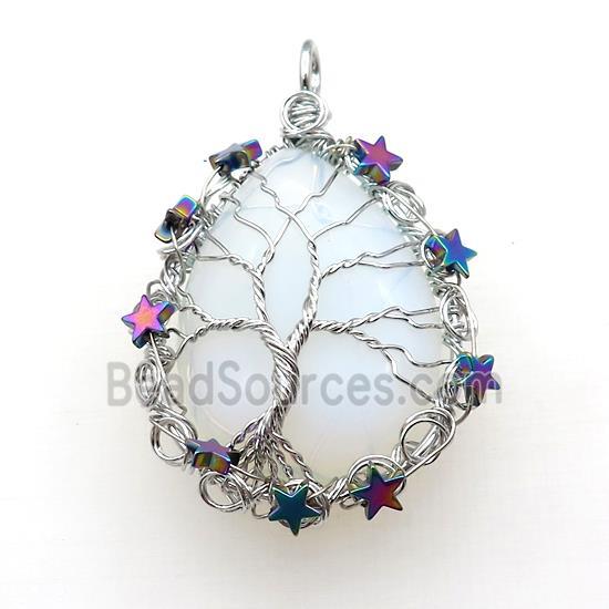 White Opalite Teardrop Pendant With Tree Of Life Wire Wrapped Platinum Plated