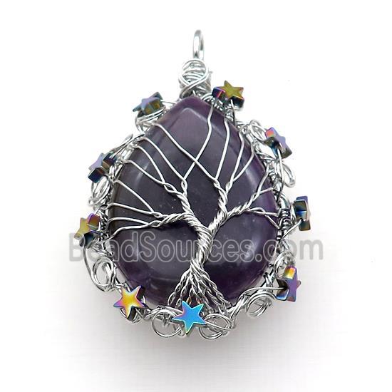 Natural Amethyst Teardrop Pendant With Tree Of Life Wire Wrapped Platinum Plated