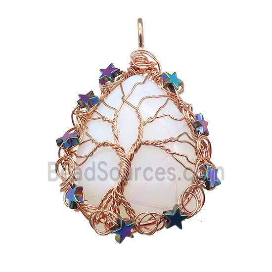 White Opalite Teardrop Pendant With Tree Of Life Wire Wrapped Rose Gold