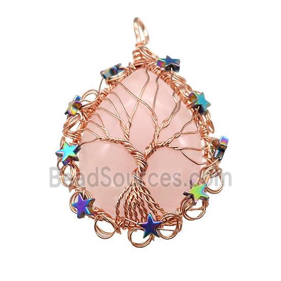 Natural Pink Rose Quartz Teardrop Pendant With Tree Of Life Wire Wrapped Rose Gold