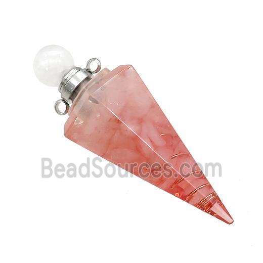 Pink Rose Quartz Chips Perfume Bottle Pendant Resin Cone Platinum Plated