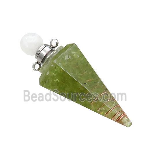 Green Peridot Chips Perfume Bottle Pendant Resin Cone Platinum Plated