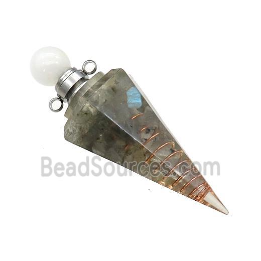 Natural Labradorite Chips Perfume Bottle Pendant Resin Cone Platinum Plated