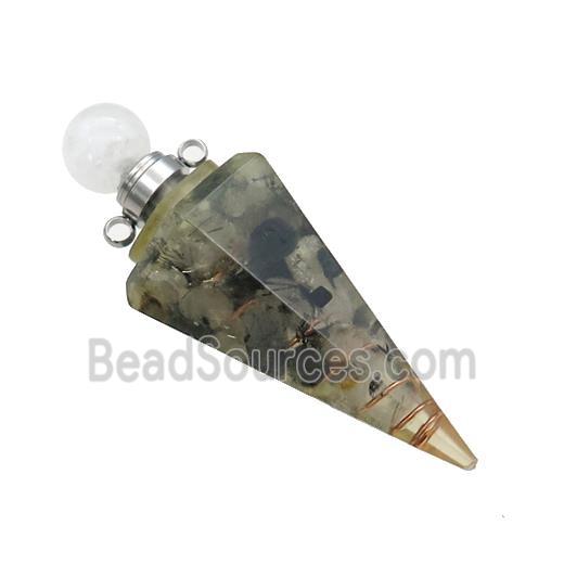 Natural Black Rutilated Quartz Chips Perfume Bottle Pendant Resin Cone Platinum Plated