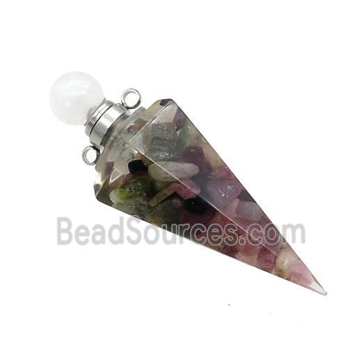 Natural Multicolor Tourmaline Chips Perfume Bottle Pendant Resin Cone Platinum Plated