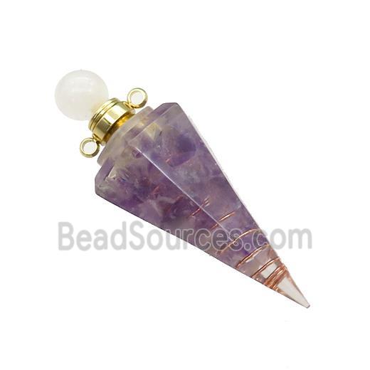 Natural Purple Fluorite Chips Perfume Bottle Pendant Resin Cone Gold Plated