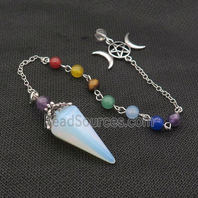 White Opalite Pendulum Pendant With Gemstone Chakra Chain Platinum Plated