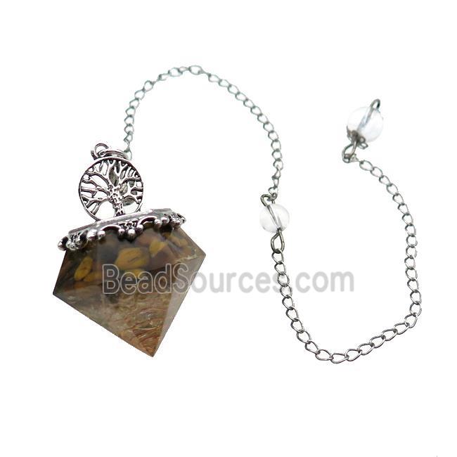 Tiger Eye Stone Chips Dowsing Diamond Shape Pendulum Pendant Tree Of Life Copper Chain Platinum Plat