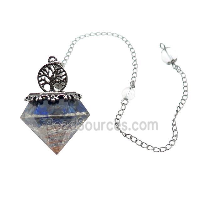 Blue Lapis Chips Dowsing Diamond Shape Pendulum Pendant Tree Of Life Copper Chain Platinum Plated