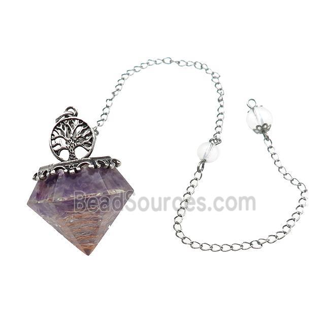 Purple Amethyst Chips Dowsing Diamond Shape Pendulum Pendant Tree Of Life Copper Chain Platinum Plat