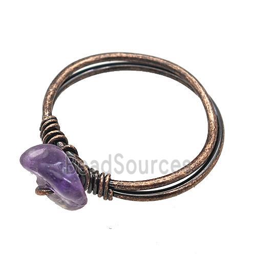 Copper Rings With Amethyst Wire Wrapped Antique Red