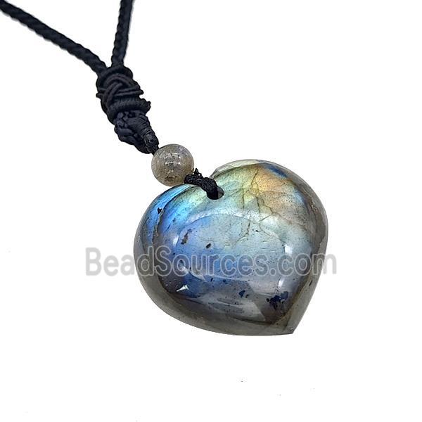 Natural Labradorite Heart Necklace Black Nylon Rope Adjustable