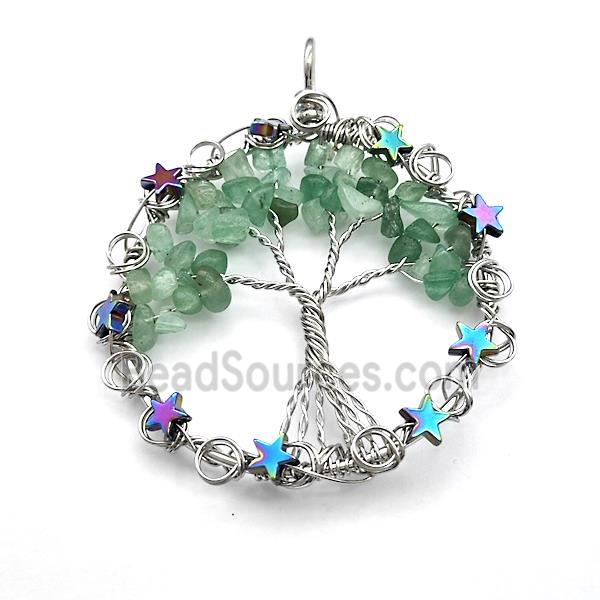 Green Aventurine Chips Pendant Tree Of Life Copper Wire Wrapped Platinum Plated