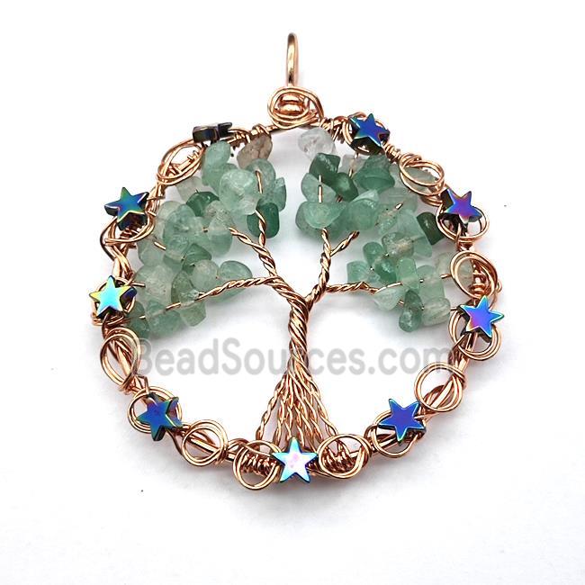 Green Aventurine Chips Pendant Tree Of Life Copper Wire Wrapped Rose Gold