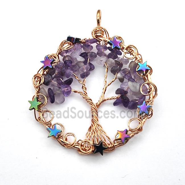 Purple Amethyst Chips Pendant Tree Of Life Copper Wire Wrapped Rose Gold