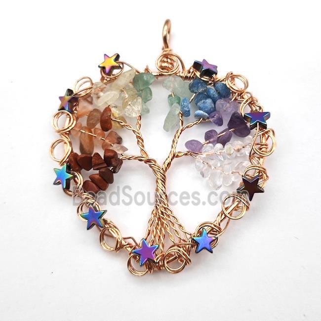 Gemstone Chakra Chips Pendant Tree Of Life Copper Wire Wrapped Rose Gold