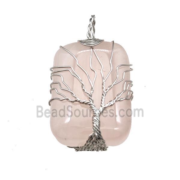 Pink Rose Quartz Rectangle Pendant Tree Of Life Copper Wire Wrapped Platinum