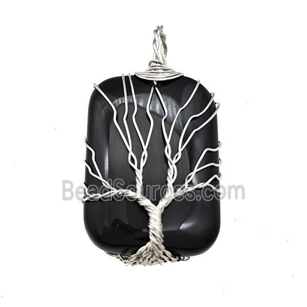 Black Obsidian Rectangle Pendant Tree Of Life Copper Wire Wrapped Platinum