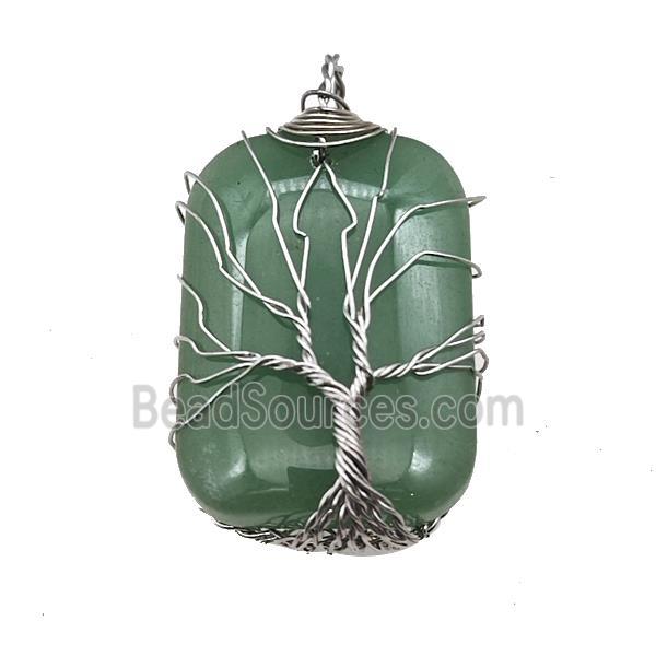 Green Aventurine Rectangle Pendant Tree Of Life Copper Wire Wrapped Platinum