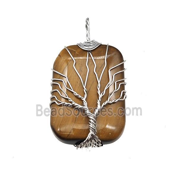 Tiger Eye Stone Rectangle Pendant Tree Of Life Copper Wire Wrapped Platinum