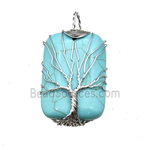 Blue Synthetic Turquoise Rectangle Pendant Tree Of Life Copper Wire Wrapped Platinum