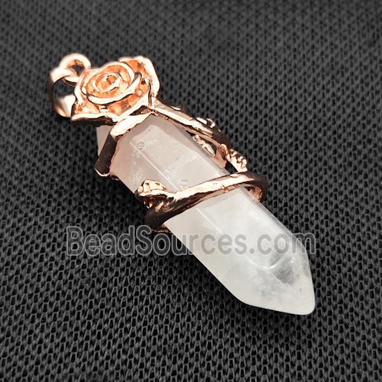 Clear Quartz Prism Pendant Cone Alloy Flower Wrapped Rose Gold