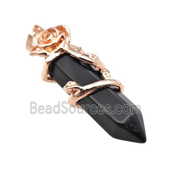 Black Obsidian Prism Pendant Cone Alloy Flower Wrapped Rose Gold