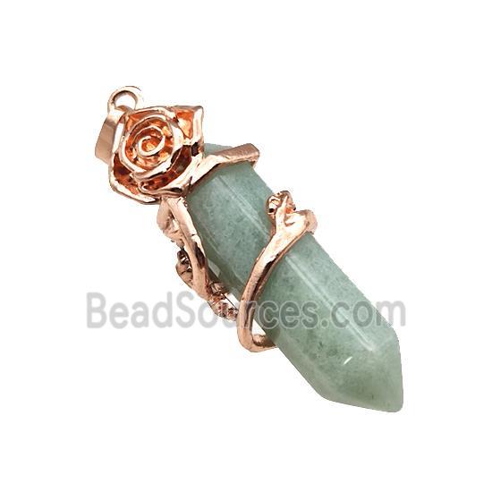 Green Aventurine Prism Pendant Cone Alloy Flower Wrapped Rose Gold