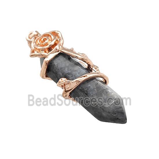 Black Labradorite Prism Pendant Cone Alloy Flower Wrapped Rose Gold