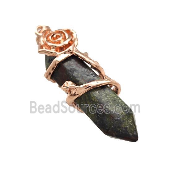 Green Bloodstone Prism Pendant Cone Alloy Flower Wrapped Rose Gold