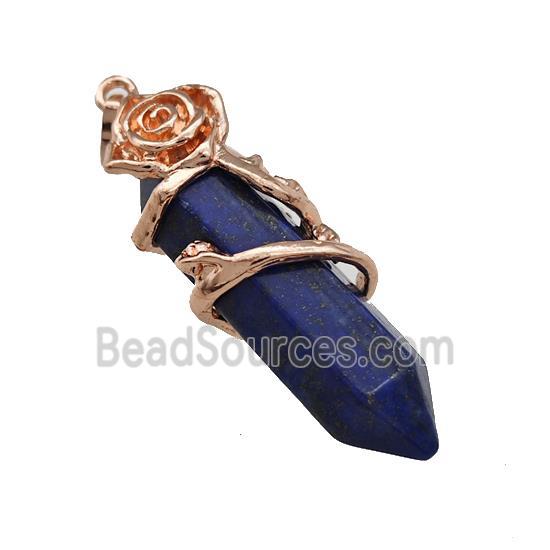 Natural Blue Lapis Lazuli Prism Pendant Cone Alloy Flower Wrapped Rose Gold