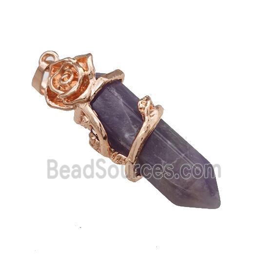 Natural Purple Amethyst Prism Pendant Cone Alloy Flower Wrapped Rose Gold