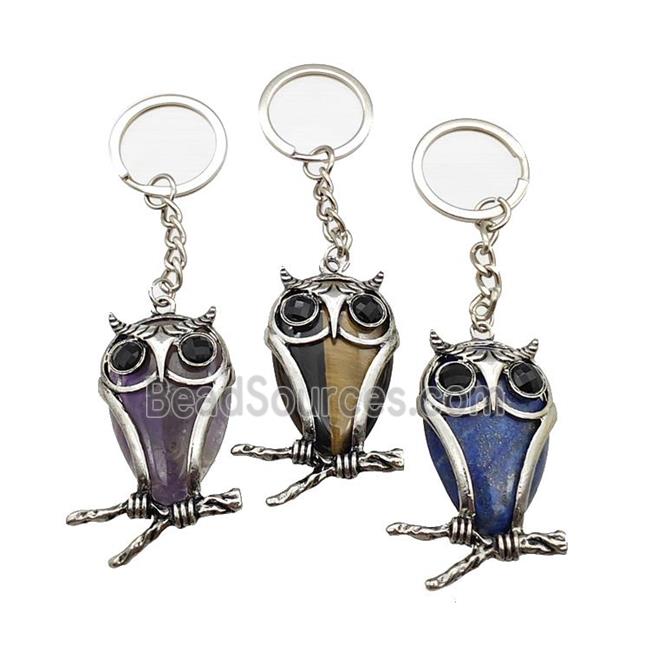 Owl Charms Keychain With Gemstone Alloy Platinum Plated Mixed