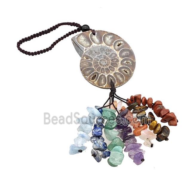 Ammonite Fossil Pendant With Chakra Gemstone Tassel