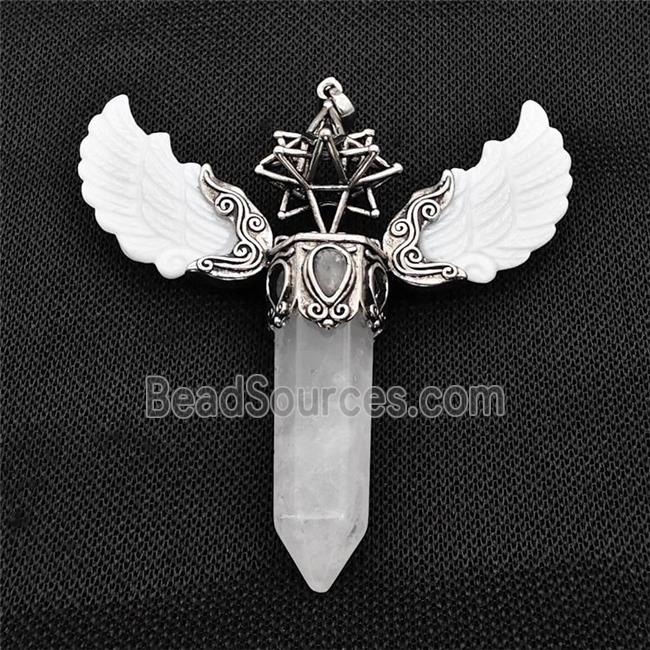 White Shell Angel Wings Pendant With Clear Quartz Prism Antique Silver