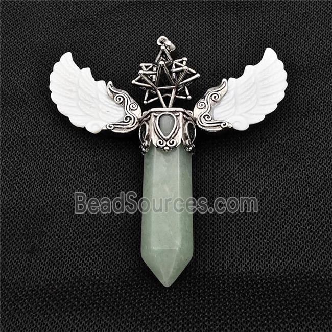 White Shell Angel Wings Pendant With Green Aventurine Prism Antique Silver