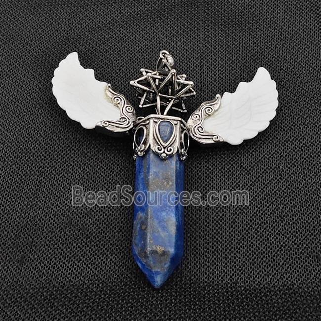 White Shell Angel Wings Pendant With Lapis Lazuli Prism Antique Silver