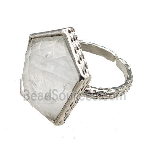 Clear Quartz Pentagon Rings Copper Shield Adjustable Platinum Plated