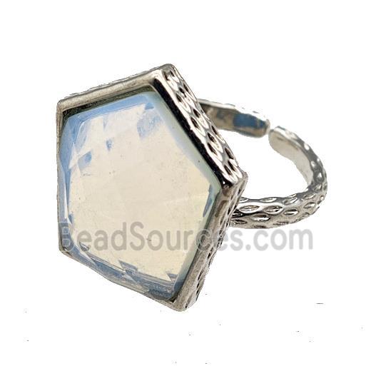 White Opalite Pentagon Rings Copper Shield Adjustable Platinum Plated