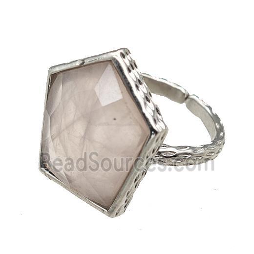 Rose Quartz Pentagon Rings Copper Shield Adjustable Platinum Plated