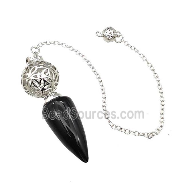 Natural Black Obsidian Dowsing Pendulum Pendant With Copper Hollow Ball Chain Platinum