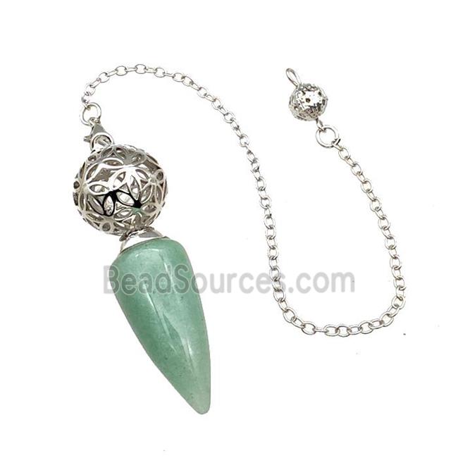 Natural Green Aventurine Dowsing Pendulum Pendant With Copper Hollow Ball Chain Platinum