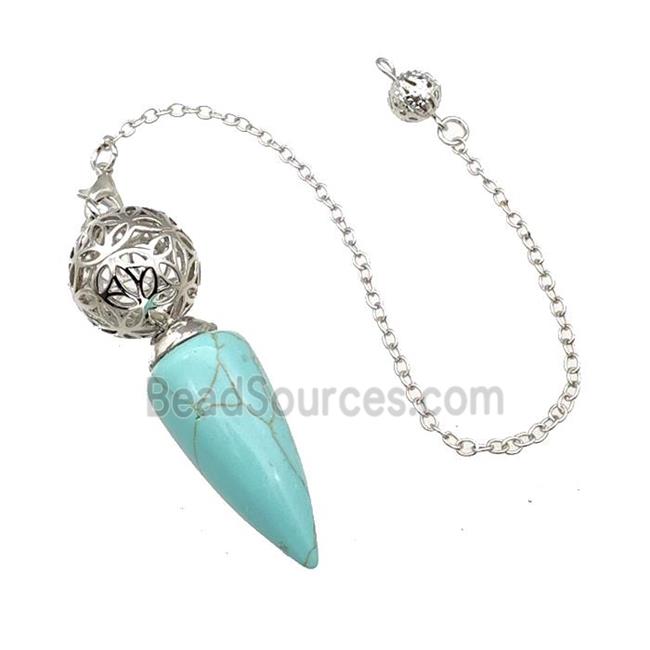 Synthetic Turquoise Dowsing Pendulum Pendant With Copper Hollow Ball Chain Platinum