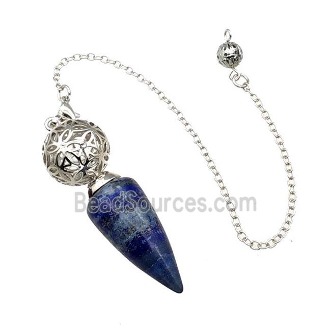 Natural Blue Lapis Lazuli Dowsing Pendulum Pendant With Copper Hollow Ball Chain Platinum