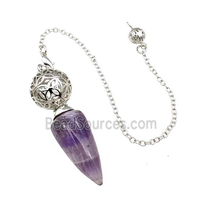 Natural Purple Amethyst Dowsing Pendulum Pendant With Copper Hollow Ball Chain Platinum