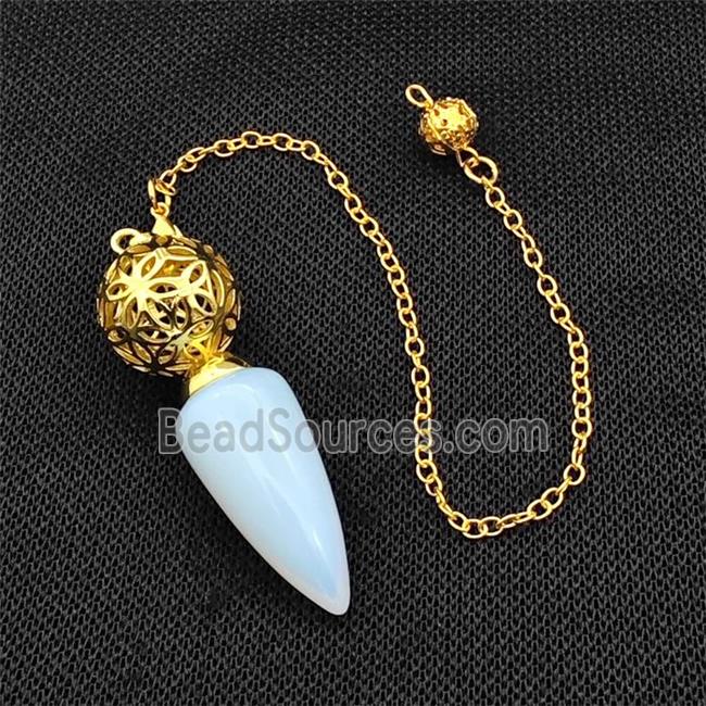 White Opalite Dowsing Pendulum Pendant With Copper Hollow Ball Chain Gold Plated