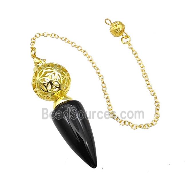 Natural Black Obsidian Dowsing Pendulum Pendant With Copper Hollow Ball Chain Gold Plated