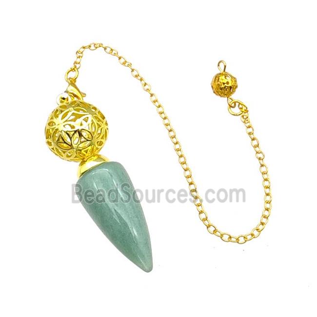 Natural Green Aventurine Dowsing Pendulum Pendant With Copper Hollow Ball Chain Gold Plated