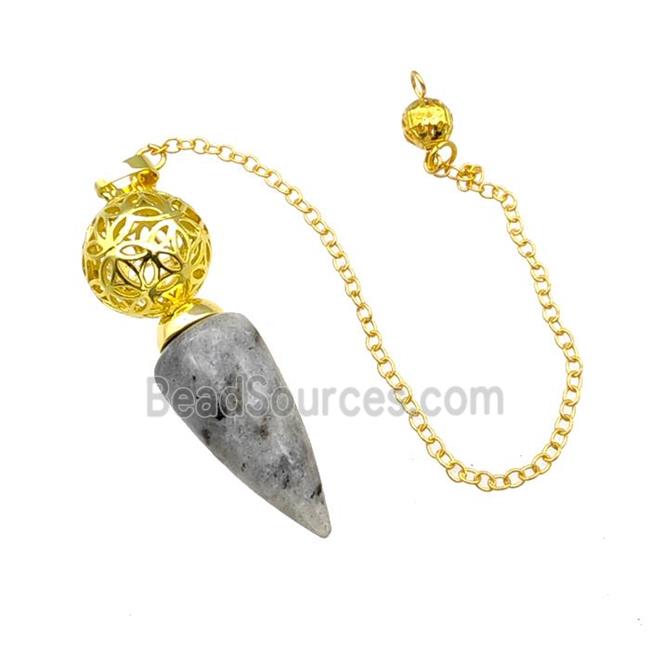 Natural Labradorite Dowsing Pendulum Pendant With Copper Hollow Ball Chain Gold Plated